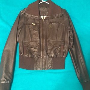 Brown faux leather bomber style jacket